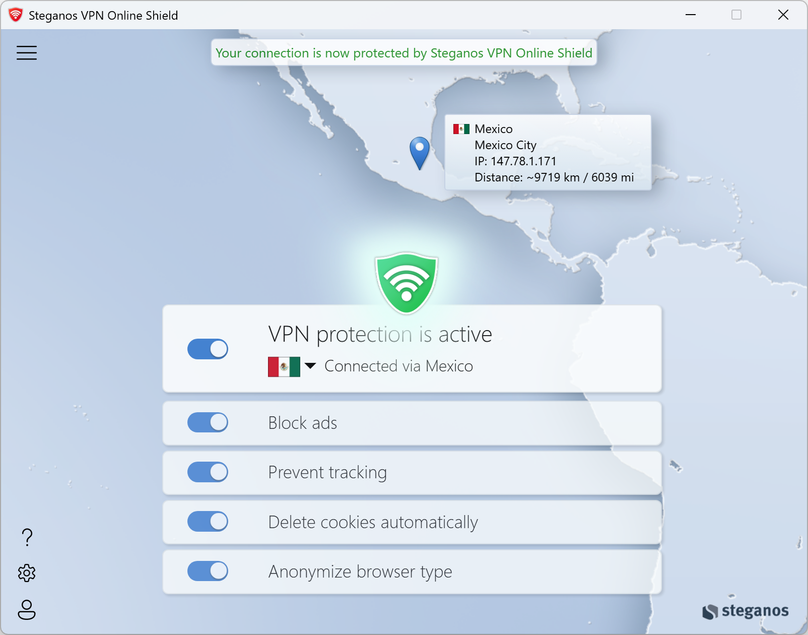 Steganos VPN Online Shield &ndash; os quatro interruptores de proteção no aplicativo para Windows